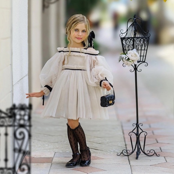 PETITE MAISON KIDS Coco-Caramel Tulle Dress, Beige - Picture 3 of 6